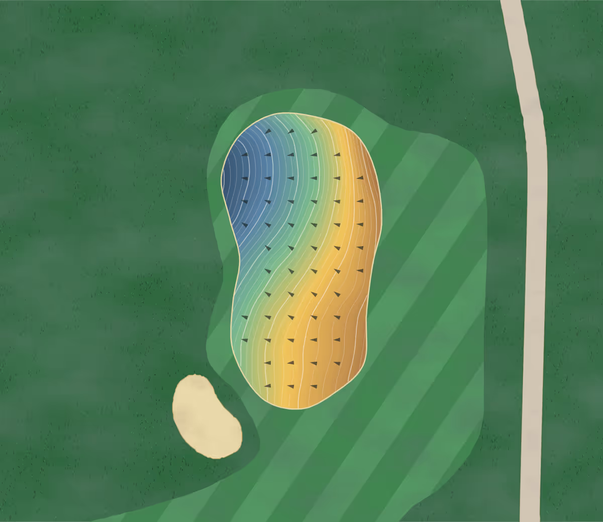 Green contour map of Laurelwood Gc in Eugene, Oregon — 151 elevation contours at a 3-inch interval with fall-line arrows, traced from 1-meter lidar