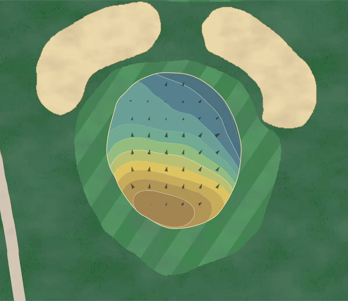 Green contour map of Lawrenceburg Golf in Lawrenceburg, Tennessee — 145 elevation contours at a 3-inch interval with fall-line arrows, traced from 1-meter lidar