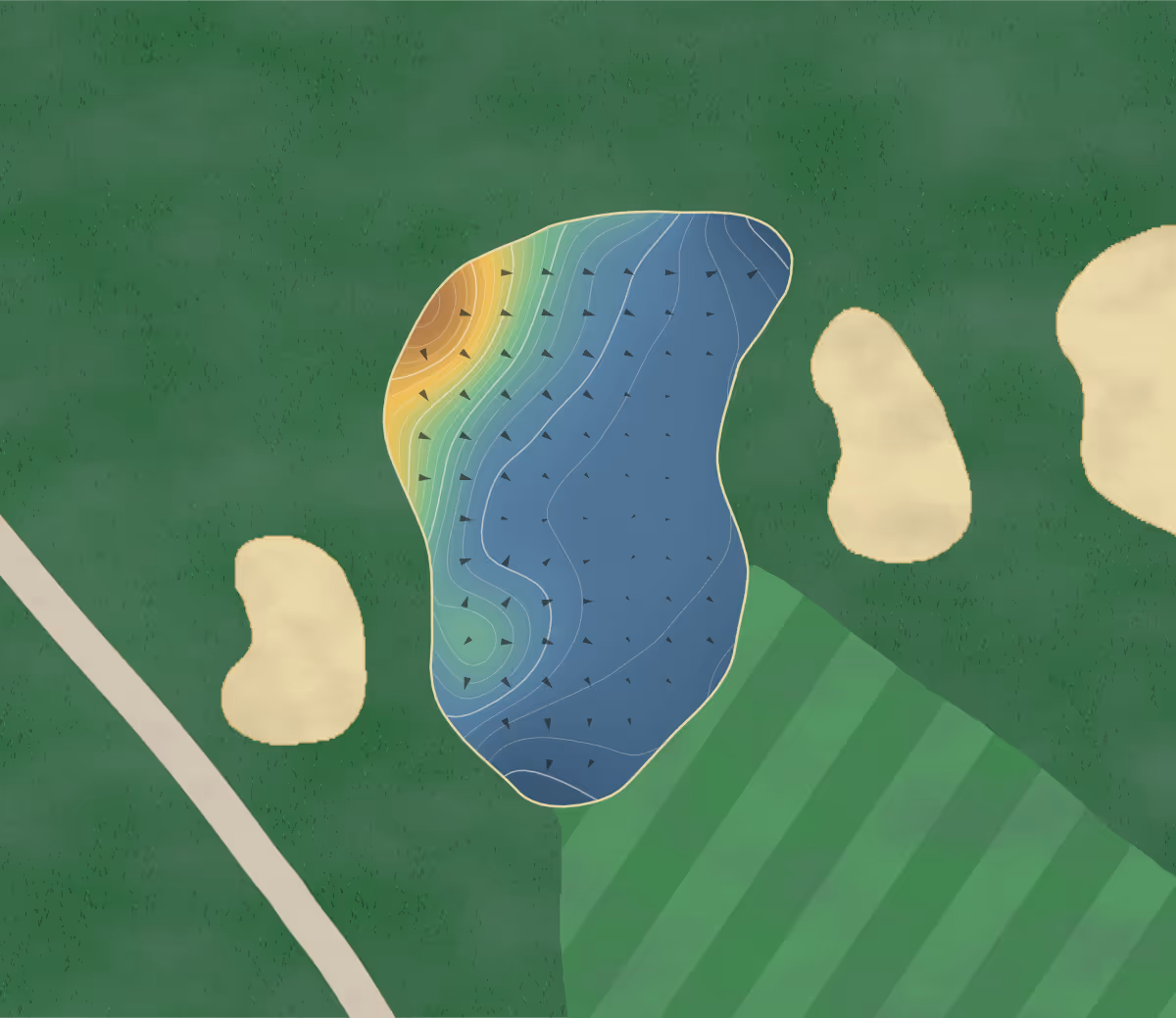 Green contour map of Le Portage in Cheticamp, Canada — 96 elevation contours at a 8-centimeter interval with fall-line arrows, traced from 1-meter lidar