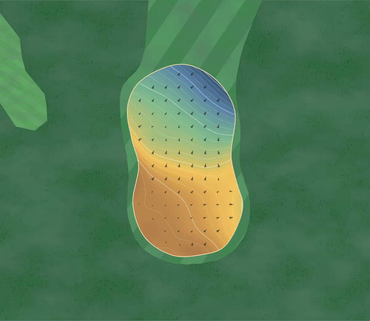 Green contour map of Le Provençal in 95 Av. Roumanille, France — 99 elevation contours at a 8-centimeter interval with fall-line arrows, traced from 1-meter lidar