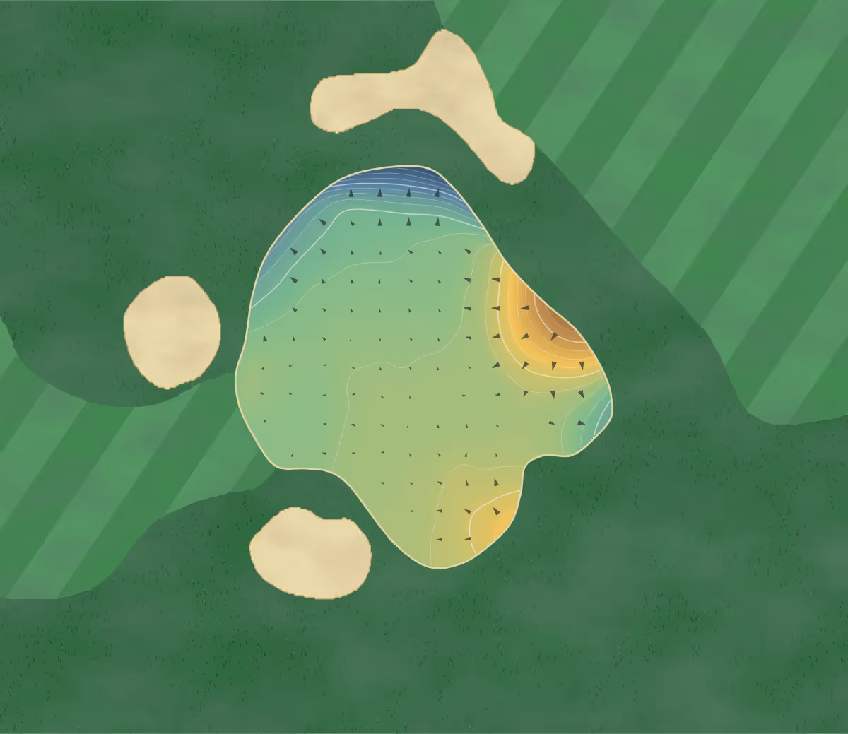 Green contour map of Lea Marston in Sutton Coldfield, England — 86 elevation contours at a 8-centimeter interval with fall-line arrows, traced from 1-meter lidar