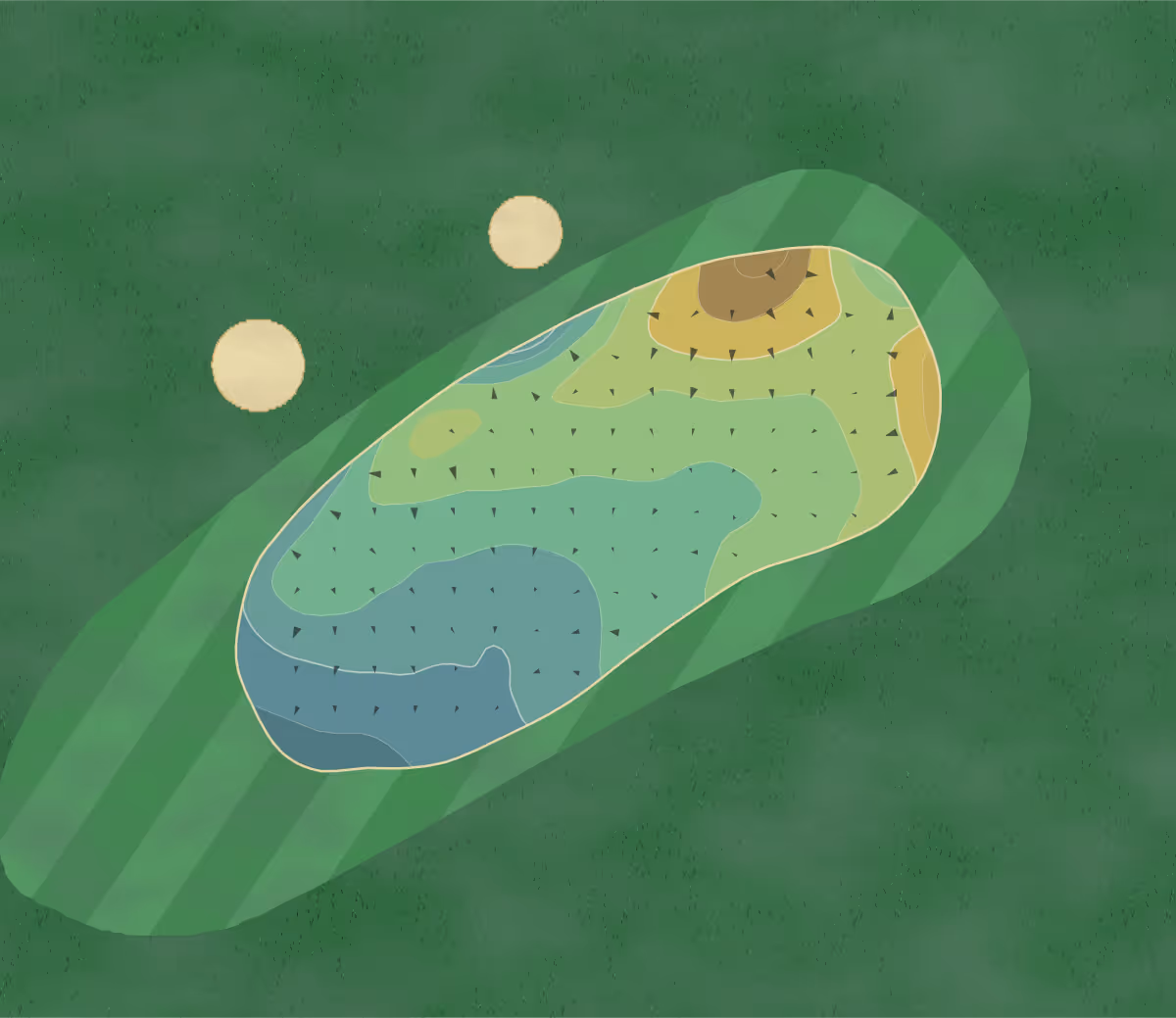 Green contour map of Leasowe GC in Merseyside, England — 105 elevation contours at a 8-centimeter interval with fall-line arrows, traced from 1-meter lidar