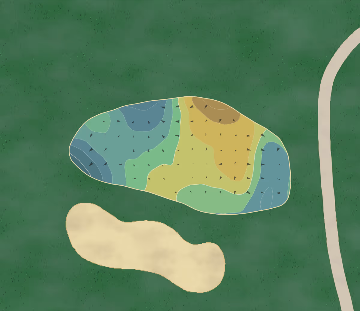 Green contour map of Ledges Golf in South Hadley, Massachusetts — 169 elevation contours at a 3-inch interval with fall-line arrows, traced from 1-meter lidar