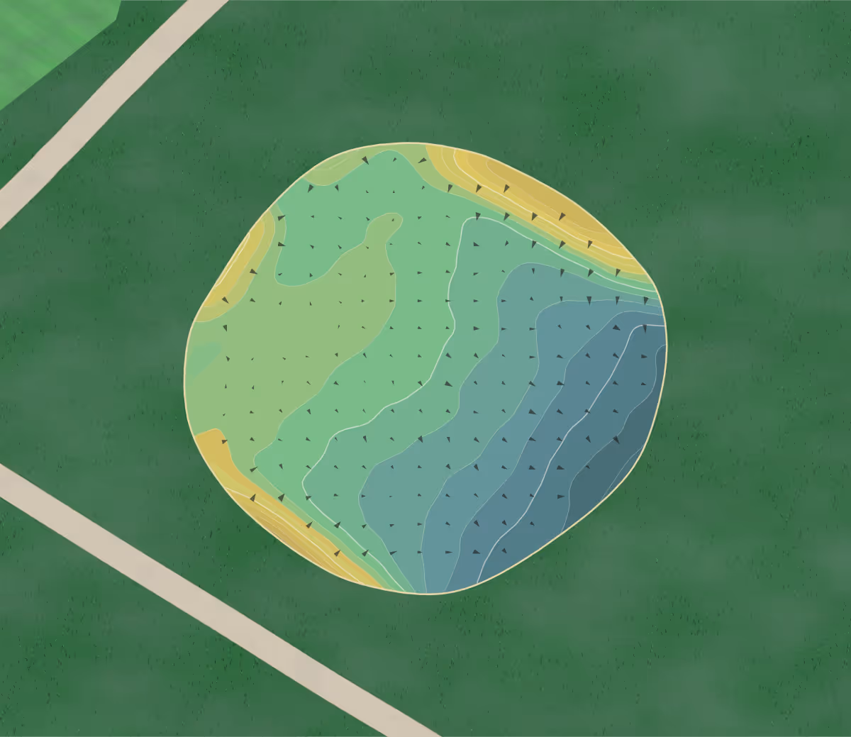 Green contour map of Lee Park in Aberdeen, South Dakota — 124 elevation contours at a 3-inch interval with fall-line arrows, traced from 1-meter lidar