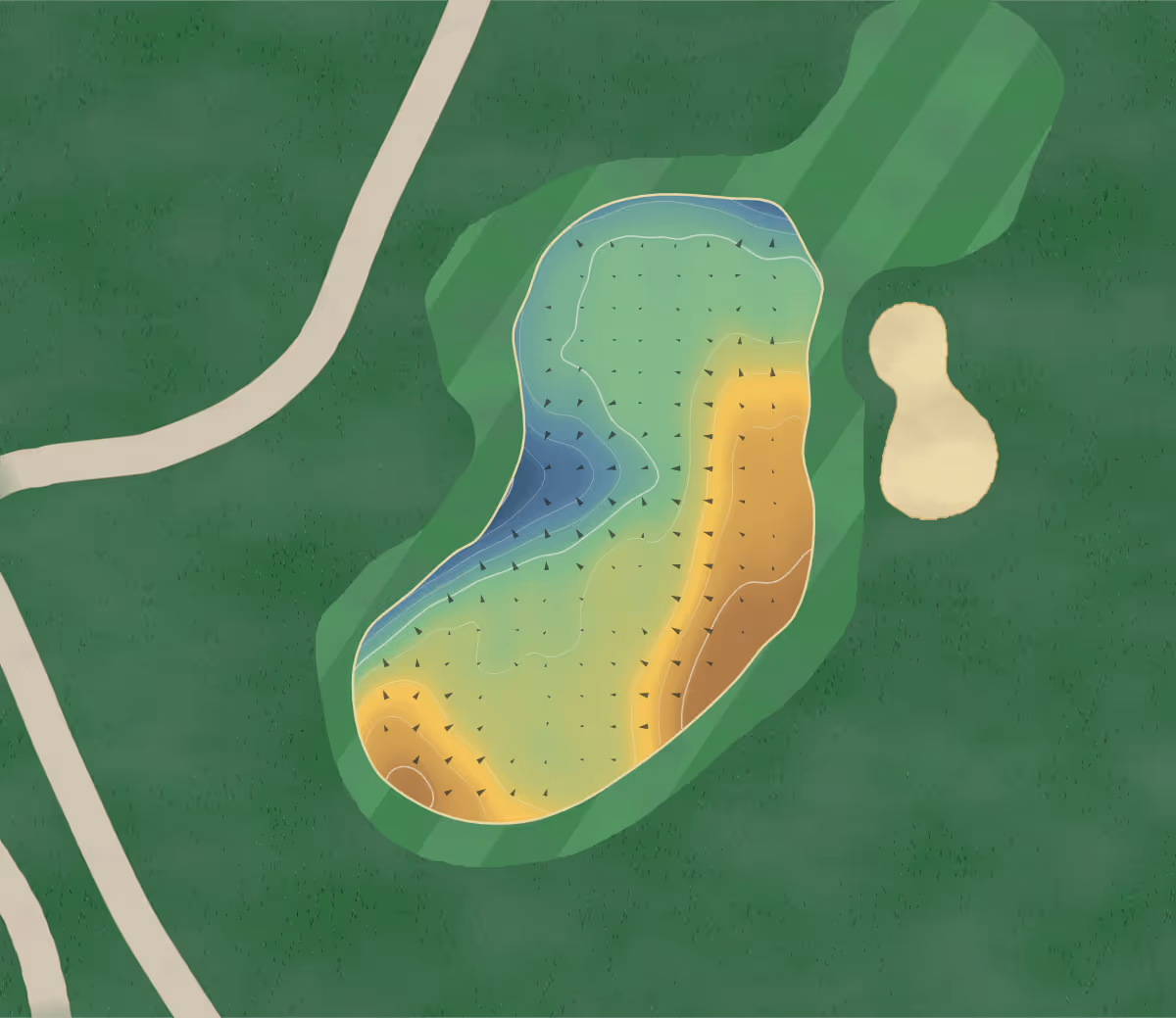Green contour map of Lee Park Golf Club Ltd (1009982) in Lancashire, England — 156 elevation contours at a 8-centimeter interval with fall-line arrows, traced from 1-meter lidar