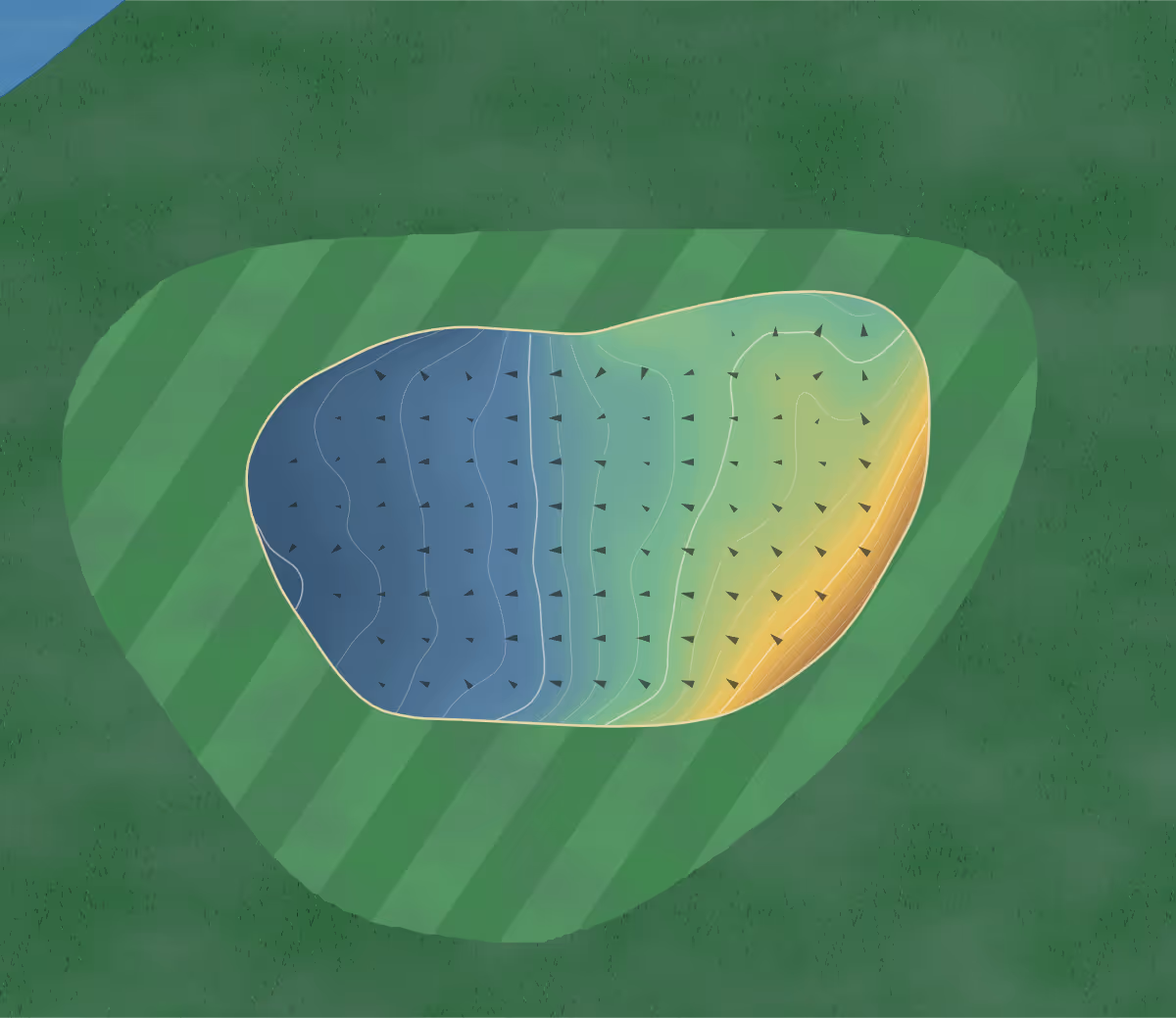 Green contour map of Leeds Castle in Leeds, England: 102 elevation contours at a 8-centimeter interval with fall-line arrows, traced from 1-meter lidar