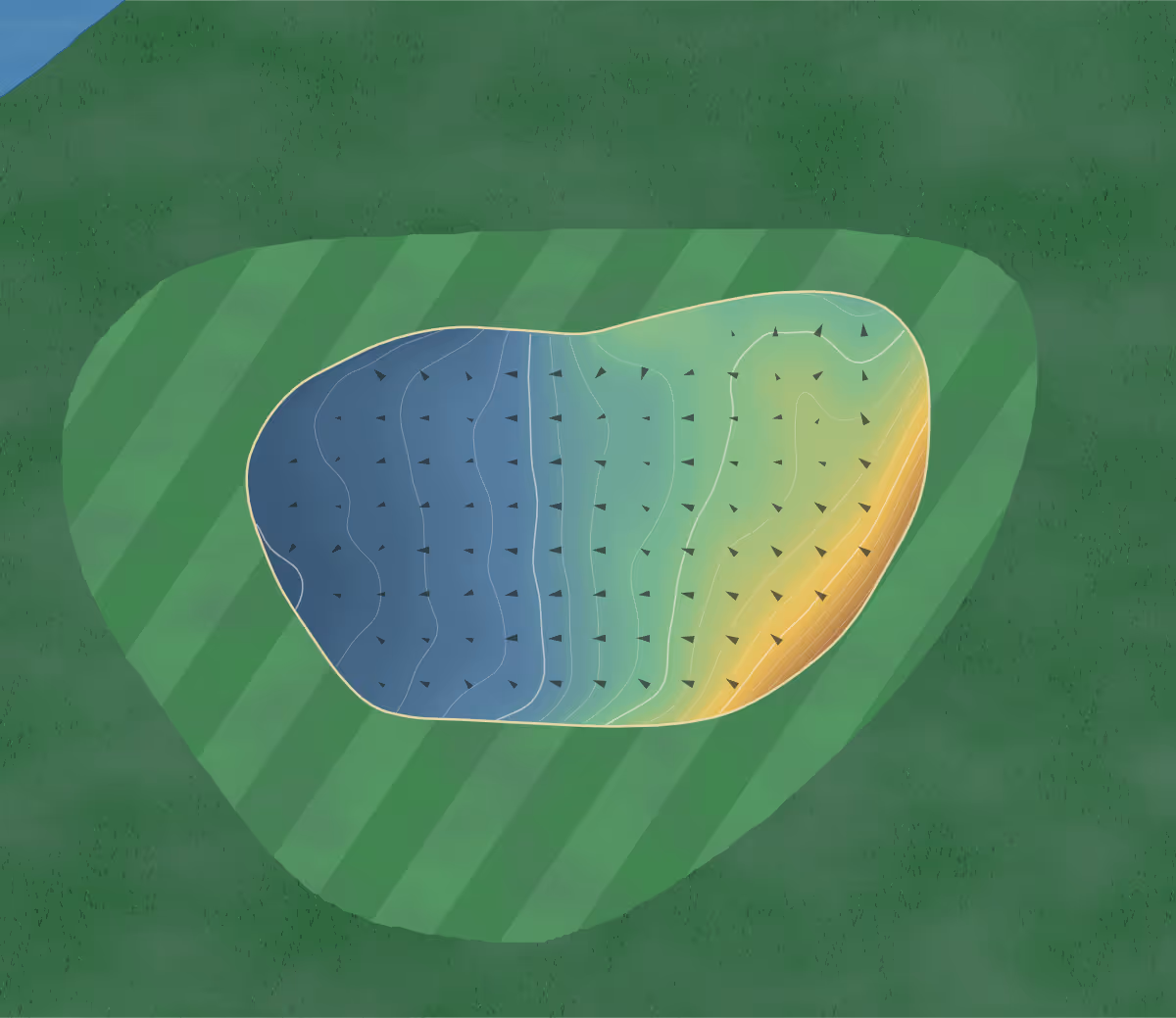 Green contour map of Leeds Castle in Leeds, England — 102 elevation contours at a 8-centimeter interval with fall-line arrows, traced from 1-meter lidar