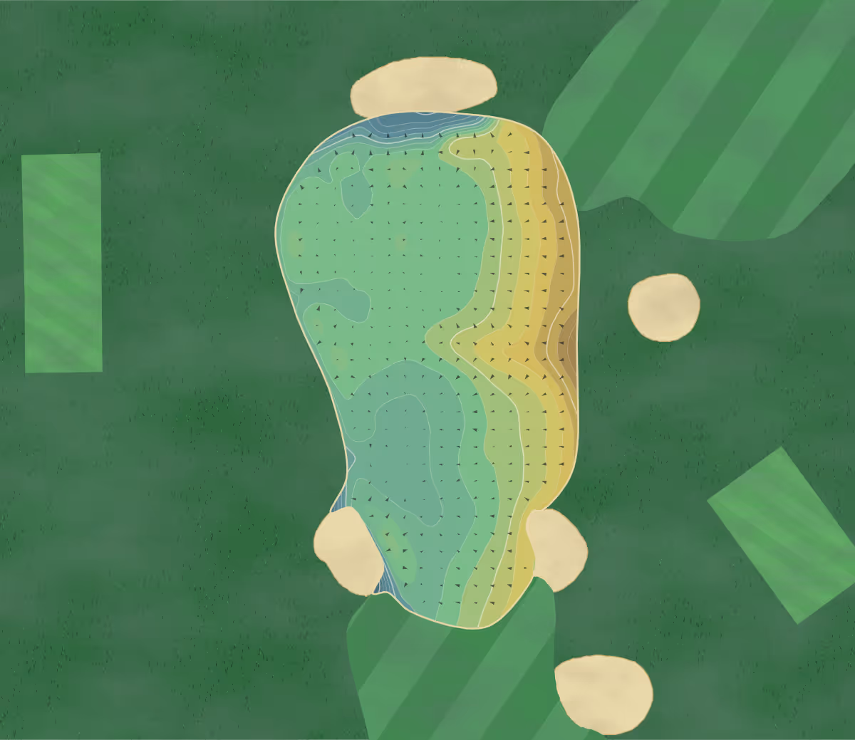 Green contour map of Leeds GC in Leeds, England — 236 elevation contours at a 8-centimeter interval with fall-line arrows, traced from 1-meter lidar