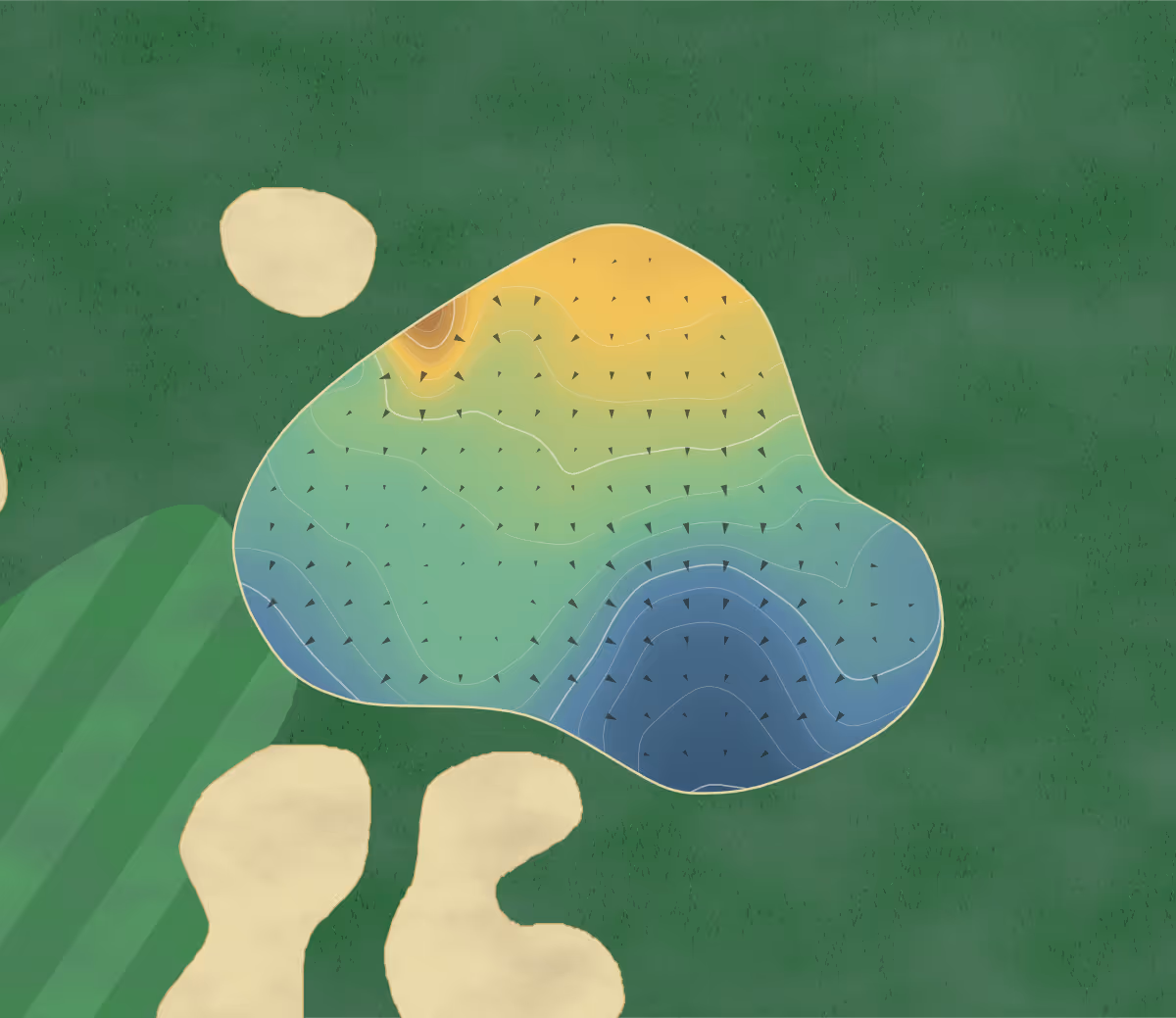 Green contour map of Leeds in Leeds, England: 155 elevation contours at a 8-centimeter interval with fall-line arrows, traced from 1-meter lidar