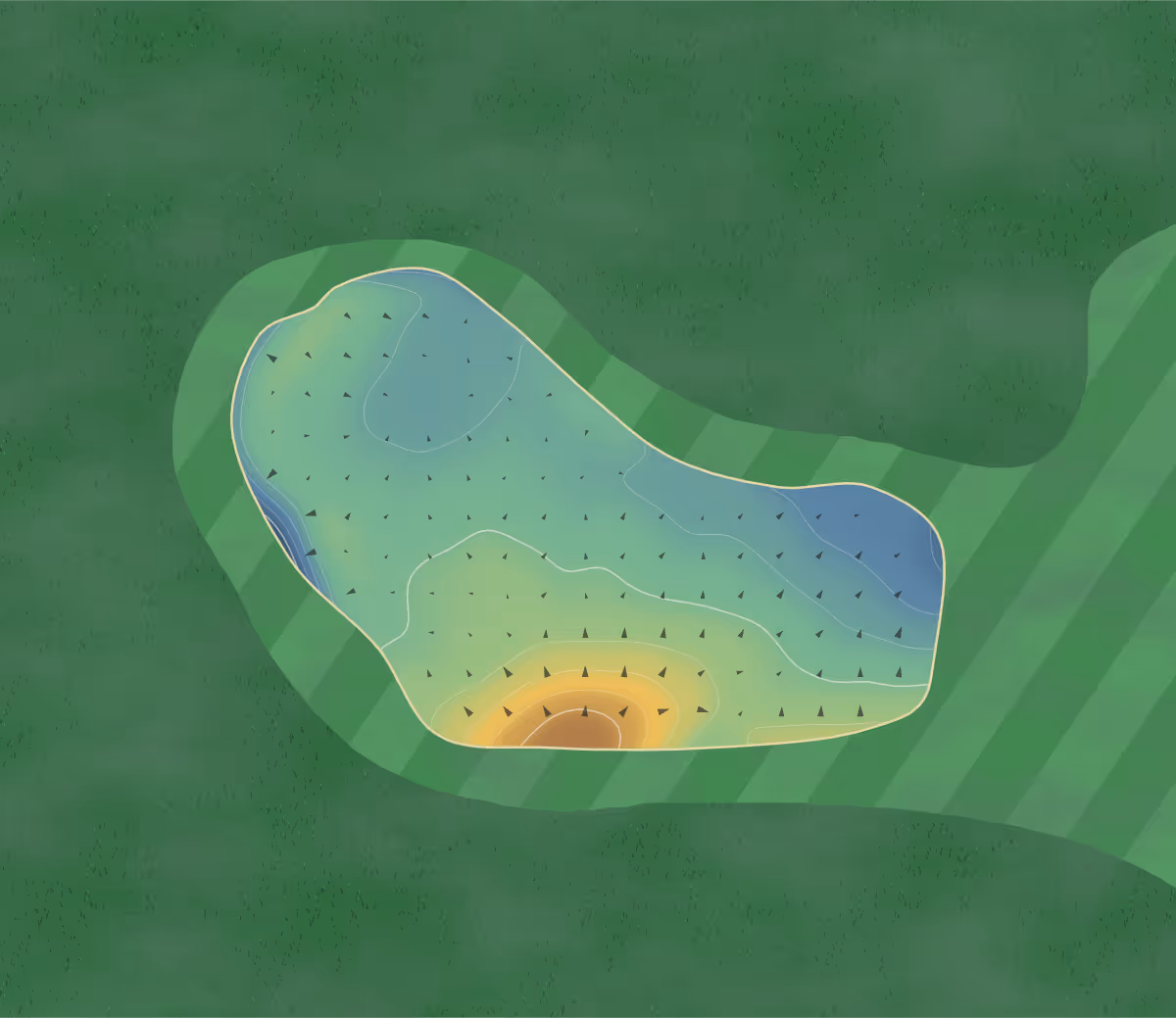 Green contour map of Leek Golf Club in Leek, England: 45 elevation contours at a 8-centimeter interval with fall-line arrows, traced from 1-meter lidar