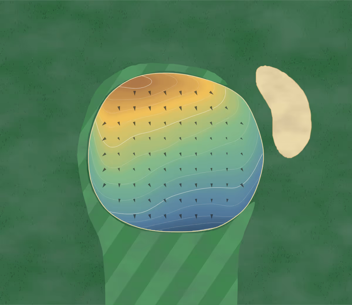 Green contour map of Legacy Golf Course at in Mason City, Iowa — 137 elevation contours at a 3-inch interval with fall-line arrows, traced from 1-meter lidar
