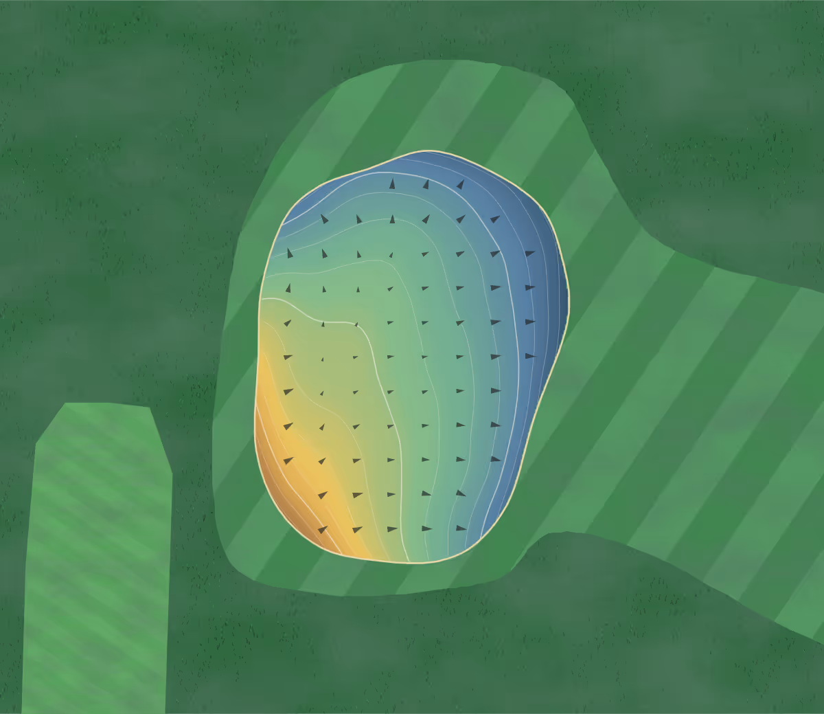 Green contour map of Legacy Golf in Longdale, Oklahoma — 66 elevation contours at a 3-inch interval with fall-line arrows, traced from 1-meter lidar