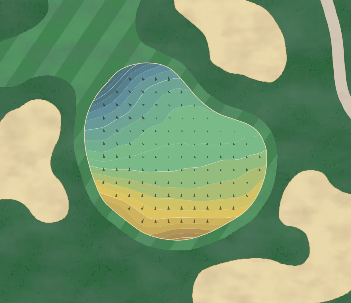 Green contour map of Legend Brandybrook in Wales, Wisconsin — 215 elevation contours at a 3-inch interval with fall-line arrows, traced from 1-meter lidar