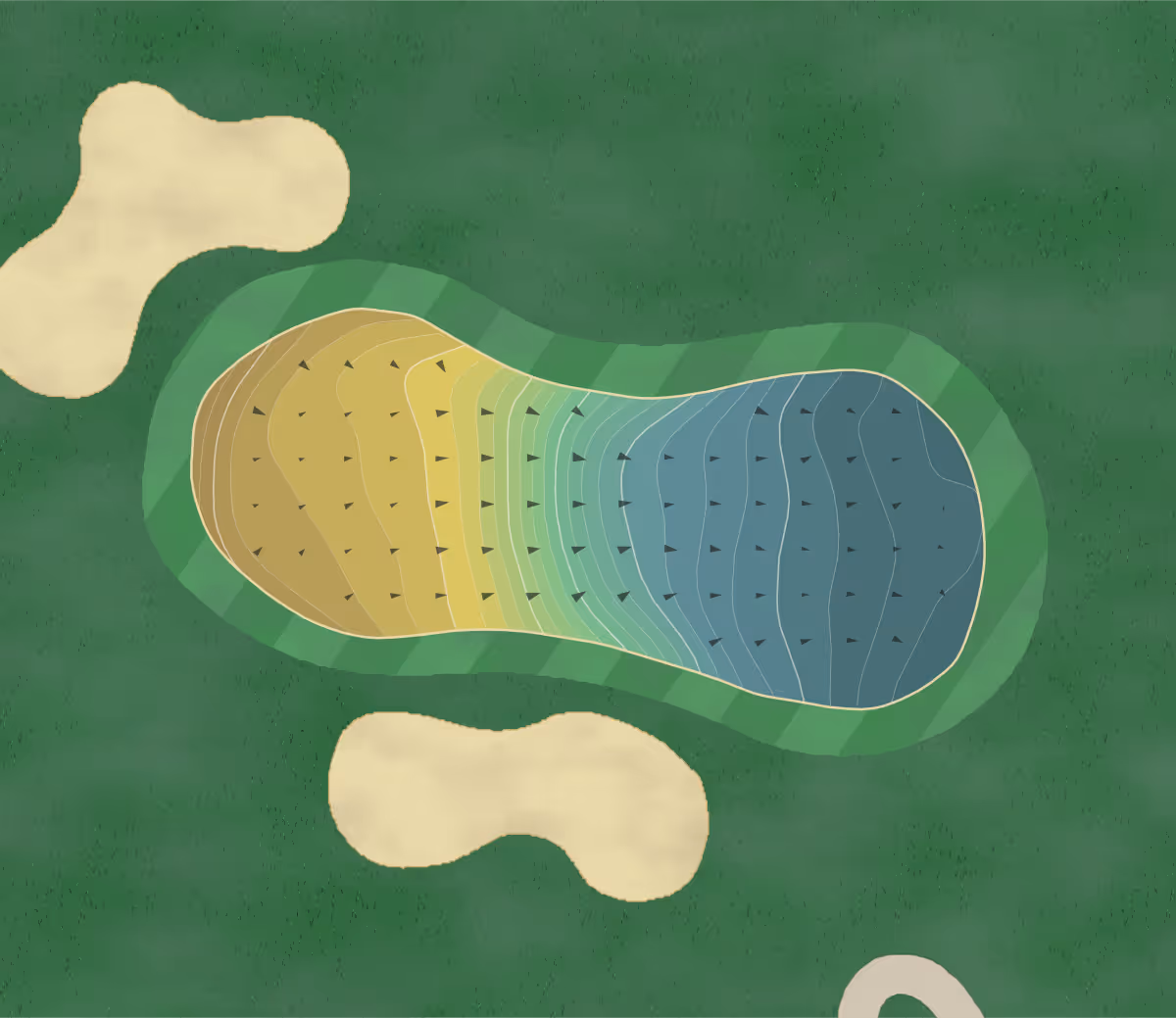 Green contour map of Legends Golf in Clermont, Florida — 204 elevation contours at a 3-inch interval with fall-line arrows, traced from 1-meter lidar
