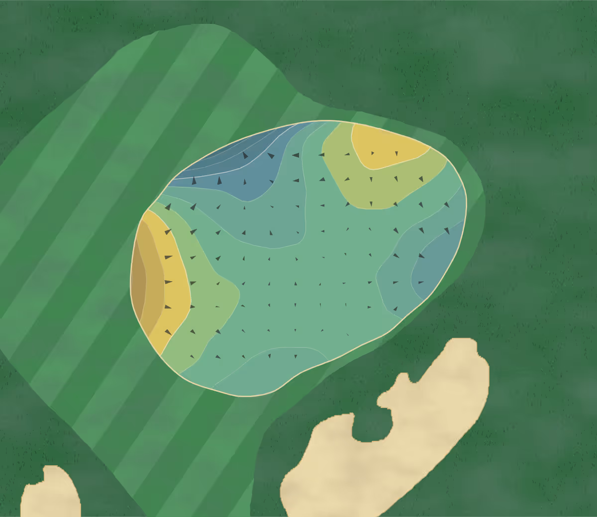 Green contour map of Legends of the Niagara in Niagara Falls, Canada — 22 elevation contours at a 8-centimeter interval with fall-line arrows, traced from 1-meter lidar