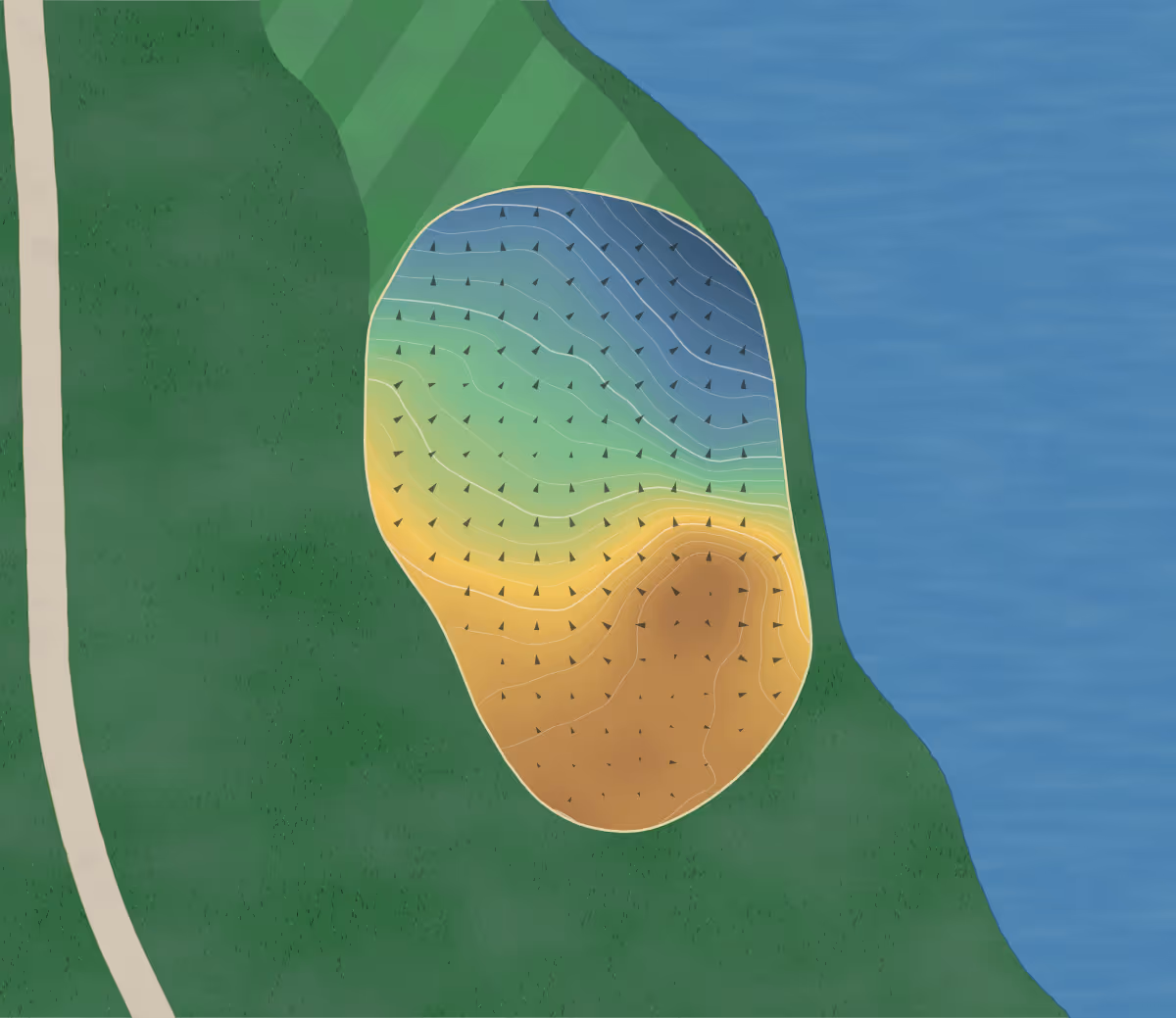 Green contour map of Legion Memorial in Everett, Washington — 182 elevation contours at a 3-inch interval with fall-line arrows, traced from 1-meter lidar