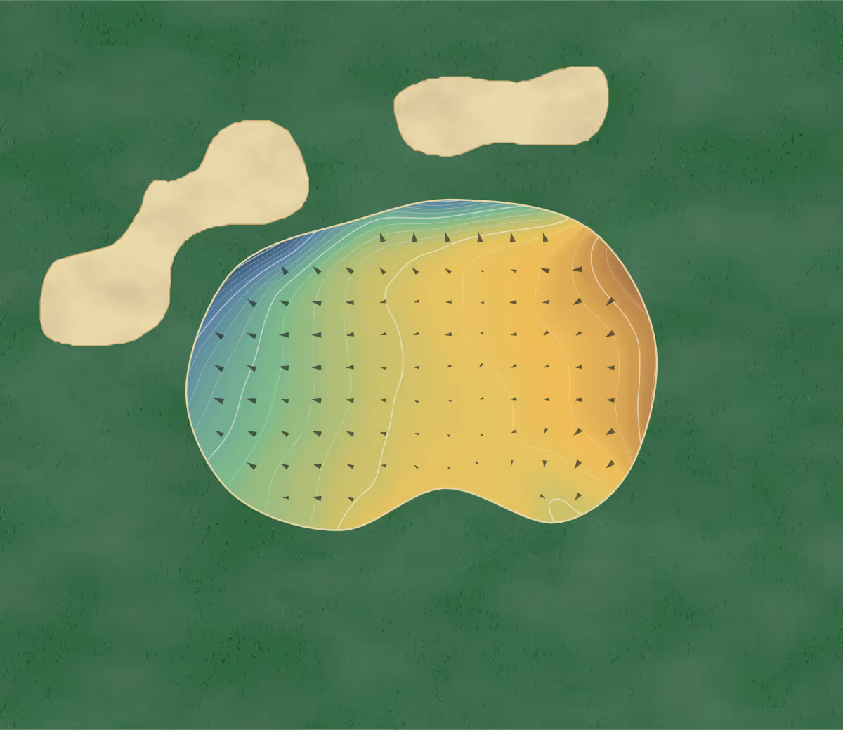 Green contour map of The Leicestershire in Leicester, England — 202 elevation contours at a 8-centimeter interval with fall-line arrows, traced from 1-meter lidar