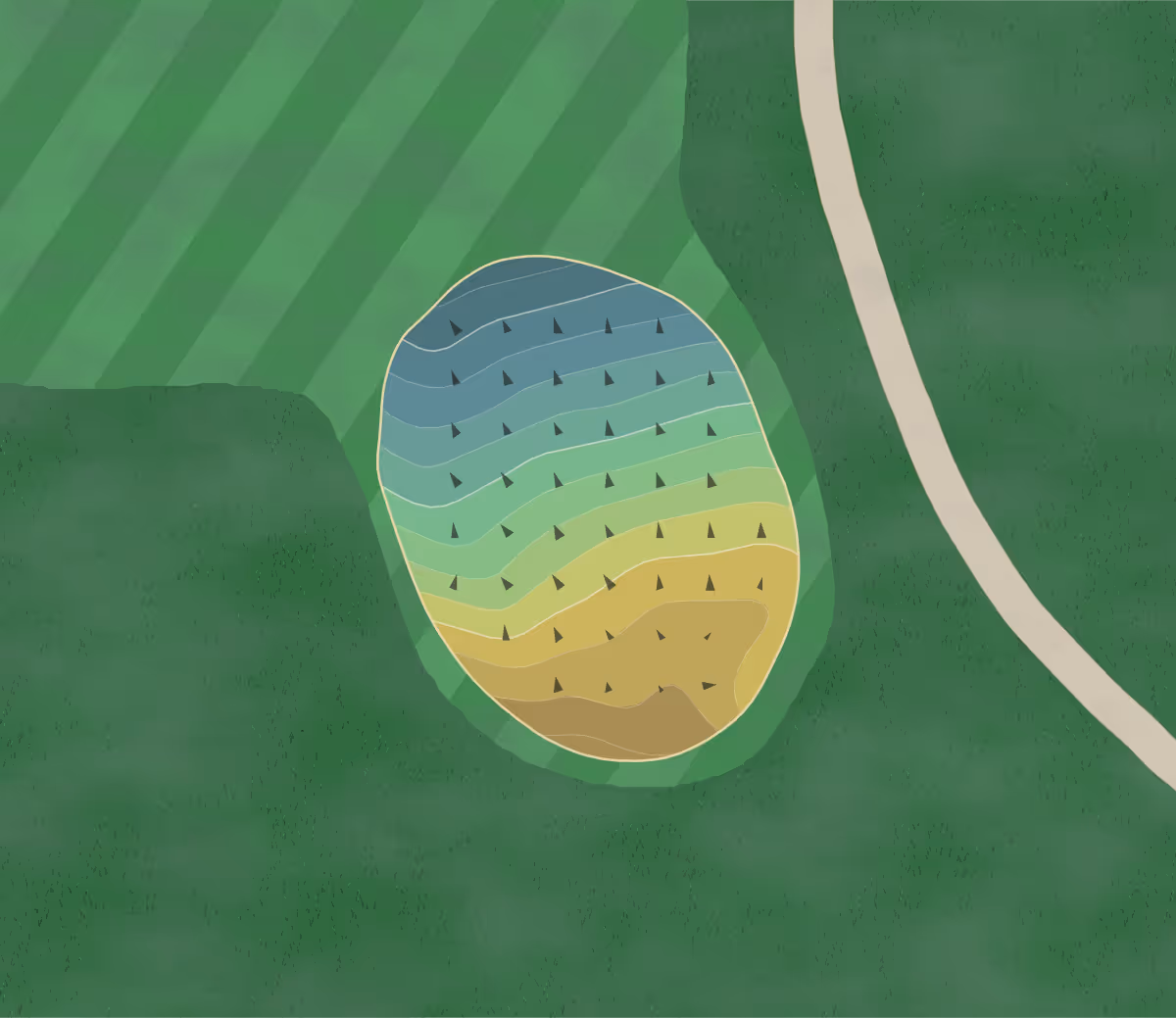 Green contour map of Leonard Country Club in Leonard, North Dakota — 74 elevation contours at a 3-inch interval with fall-line arrows, traced from 1-meter lidar