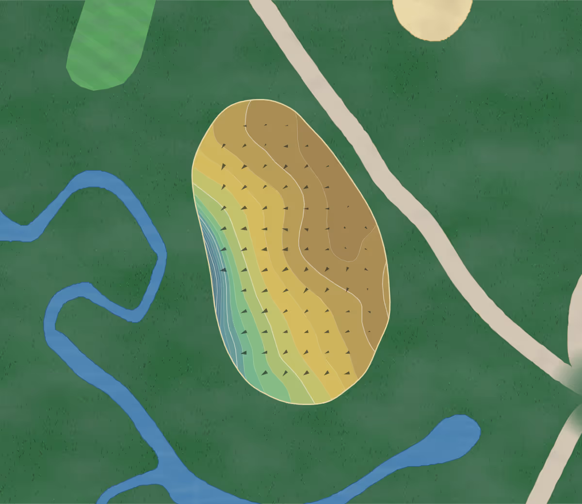Green contour map of Leslie Park in Ann Arbor, Michigan — 214 elevation contours at a 3-inch interval with fall-line arrows, traced from 1-meter lidar