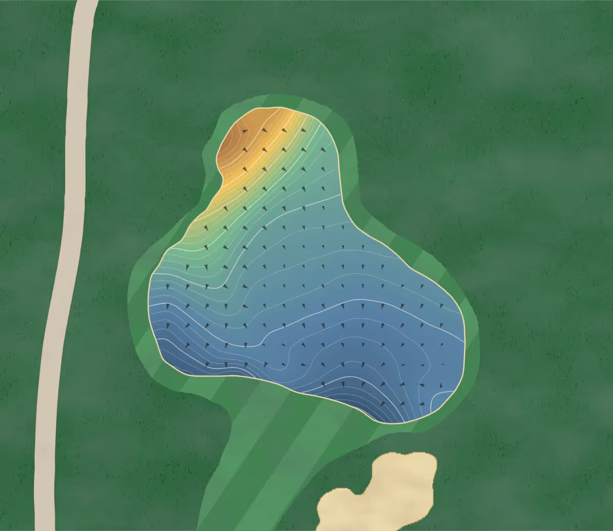 Green contour map of Lethbridge in Lethbridge, Canada: 398 elevation contours at a 8-centimeter interval with fall-line arrows, traced from 1-meter lidar