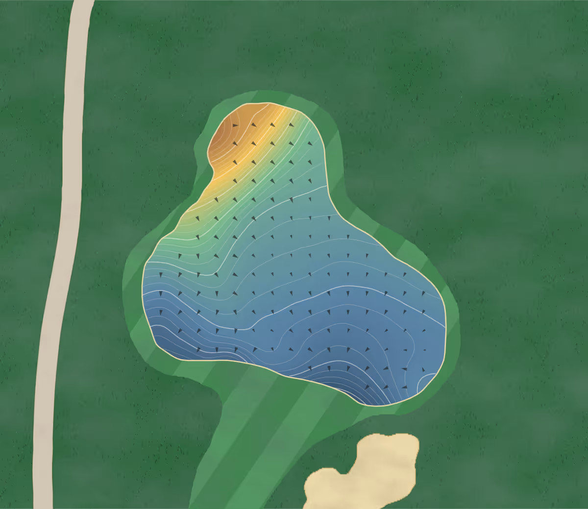 Green contour map of Lethbridge in Lethbridge, Canada — 401 elevation contours at a 8-centimeter interval with fall-line arrows, traced from 1-meter lidar