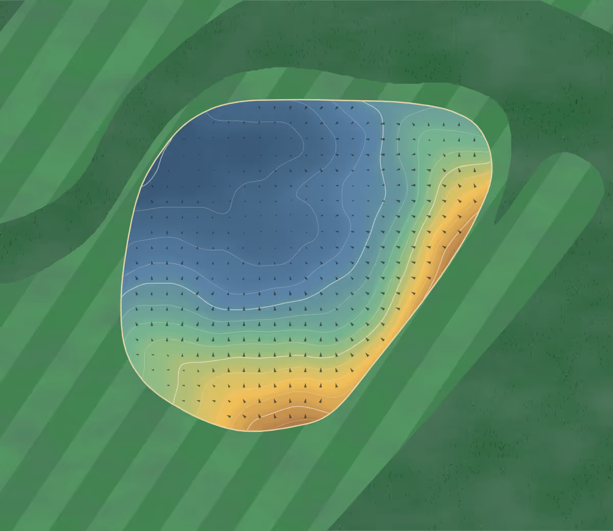 Green contour map of Leven Links in Leven, Scotland — 167 elevation contours at a 8-centimeter interval with fall-line arrows, traced from 1-meter lidar