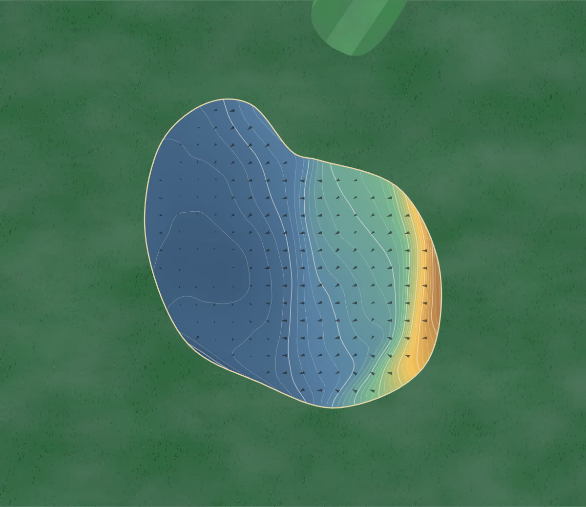 Green contour map of Lewes Golf Club in Sussex, England: 31 elevation contours at a 8-centimeter interval with fall-line arrows, traced from 1-meter lidar