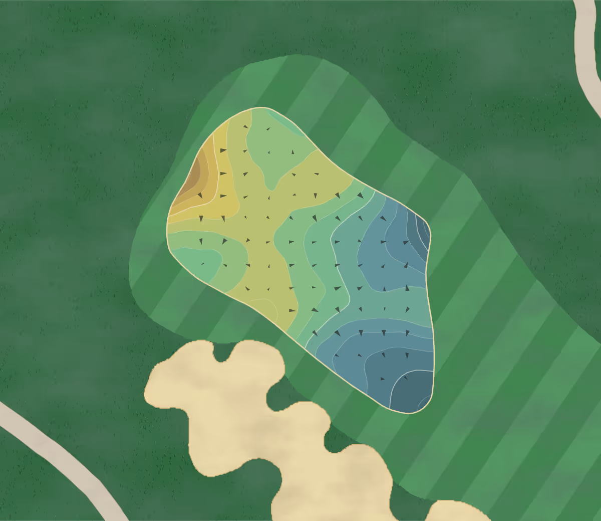 Green contour map of Liberty National in Jersey City, New Jersey — 252 elevation contours at a 3-inch interval with fall-line arrows, traced from 1-meter lidar