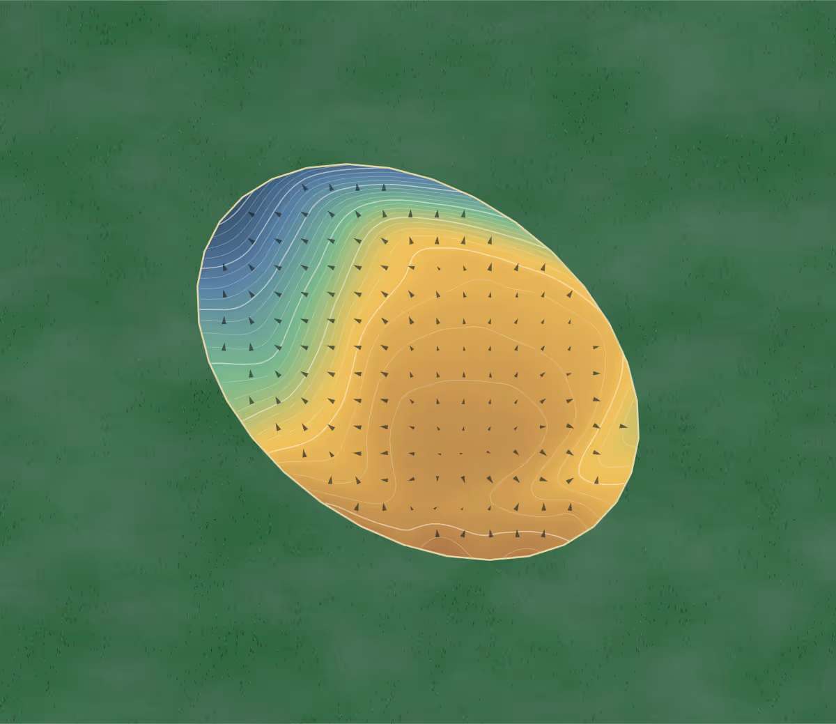 Green contour map of Lilliesleaf in Melrose, United Kingdom: 40 elevation contours at a 8-centimeter interval with fall-line arrows, traced from 1-meter lidar