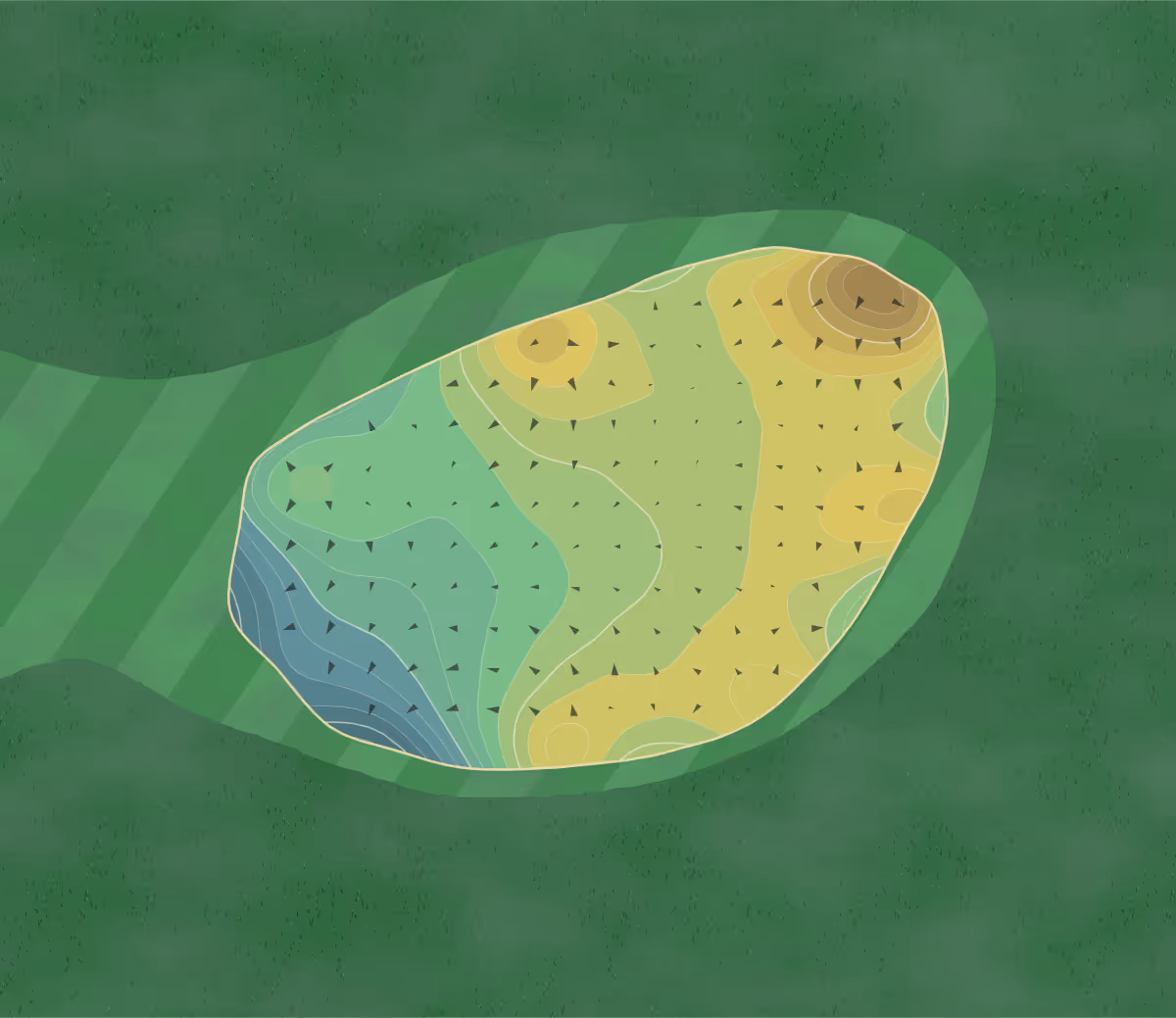 Green contour map of Limburg Course in GC Maastricht, Netherlands — 135 elevation contours at a 8-centimeter interval with fall-line arrows, traced from 1-meter lidar