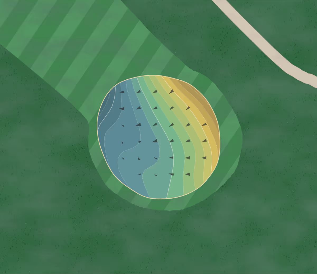 Green contour map of Lincoln CC in Lincoln, Rhode Island — 91 elevation contours at a 3-inch interval with fall-line arrows, traced from 1-meter lidar