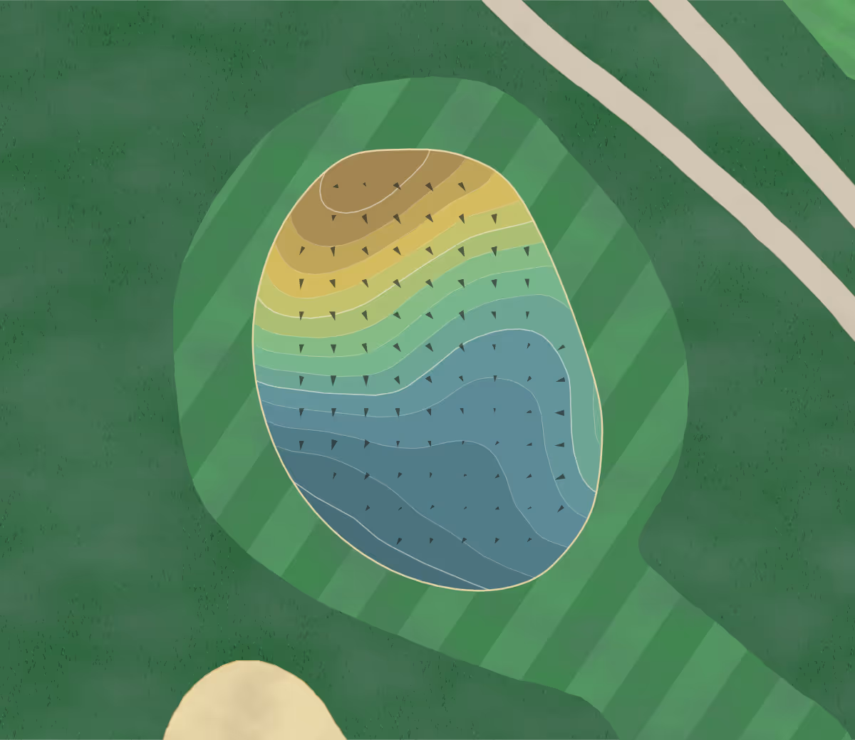Green contour map of Lincoln Greens in Springfield, Illinois — 162 elevation contours at a 3-inch interval with fall-line arrows, traced from 1-meter lidar