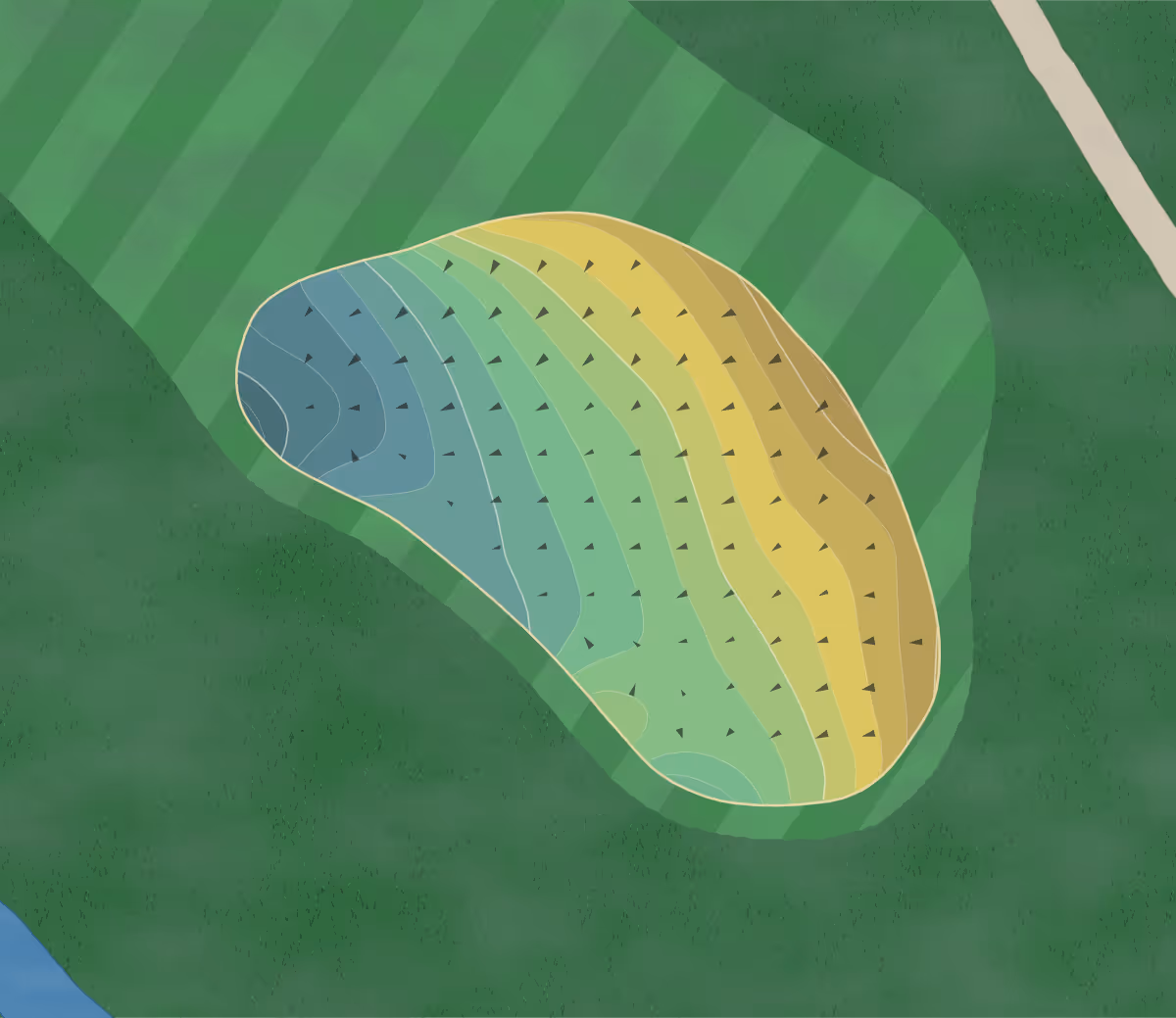 Green contour map of Lincoln Hills in Lincoln, California — 44 elevation contours at a 3-inch interval with fall-line arrows, traced from 1-meter lidar