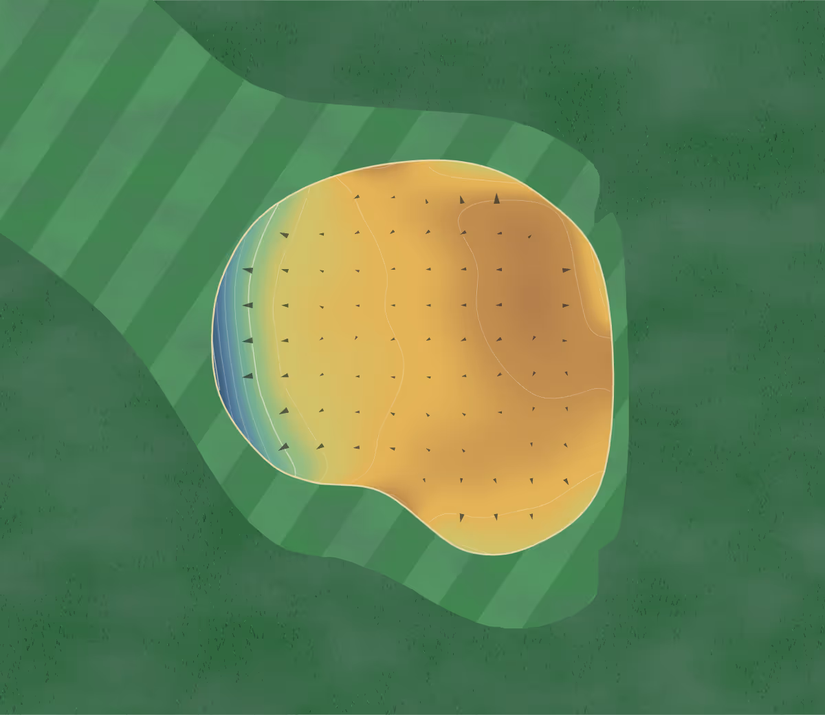 Green contour map of Lincoln Park in Grand Junction, Colorado: 76 elevation contours at a 3-inch interval with fall-line arrows, traced from 1-meter lidar