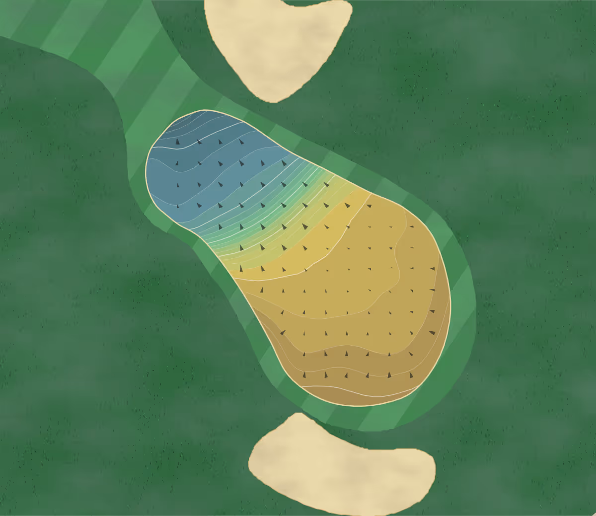 Green contour map of Linden Golf in Puyallup, Washington — 123 elevation contours at a 3-inch interval with fall-line arrows, traced from 1-meter lidar