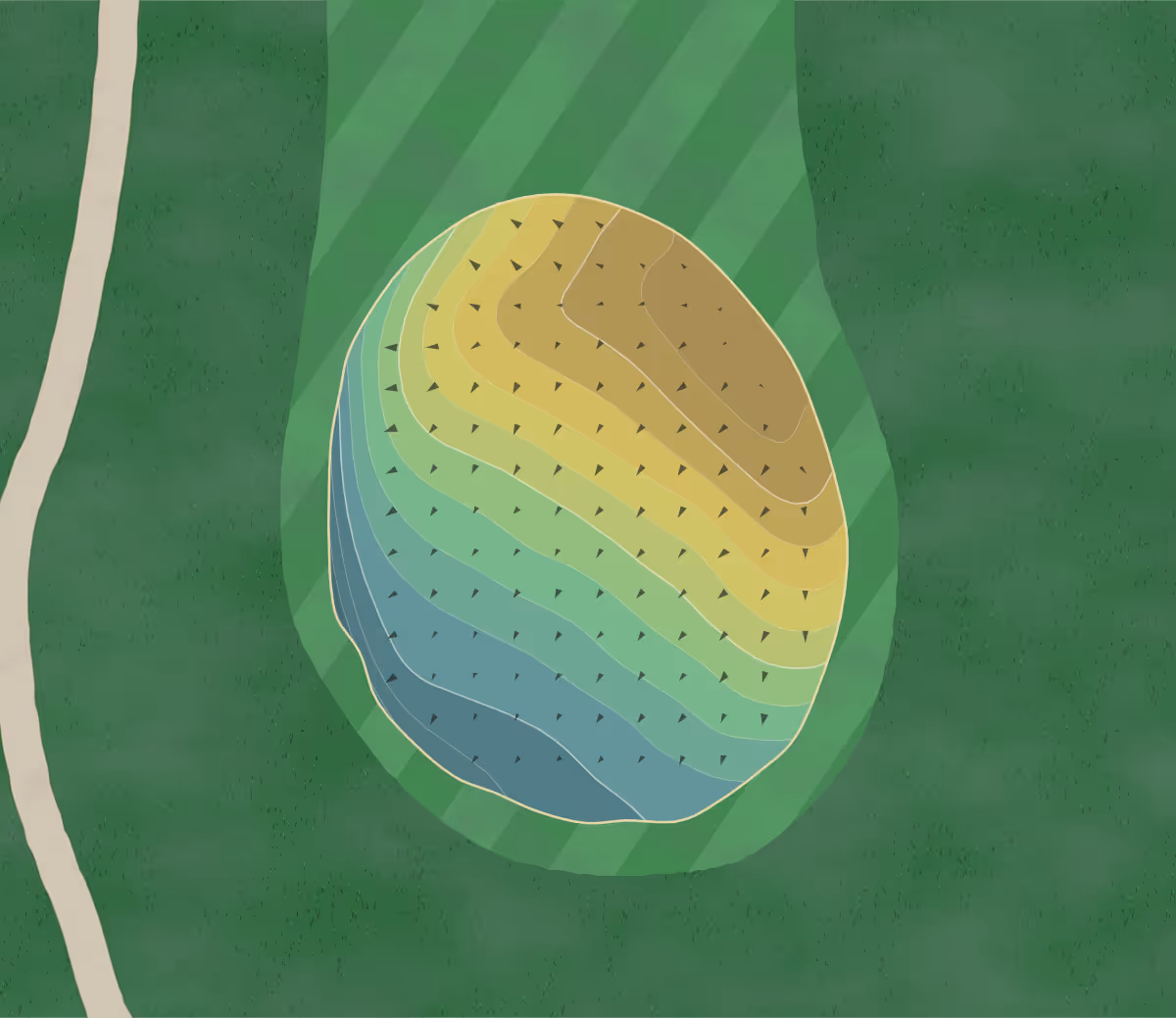 Green contour map of Linden Hall in Dawson, Pennsylvania — 13 elevation contours at a 3-inch interval with fall-line arrows, traced from 1-meter lidar