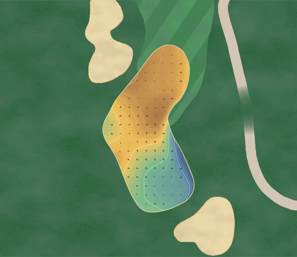 Green contour map of Montague in New Glasgow, Canada: 127 elevation contours at a 8-centimeter interval with fall-line arrows, traced from 1-meter lidar