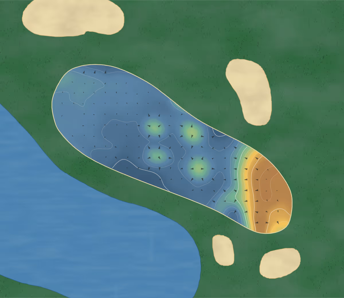 Green contour map of Perry Cabin in Saint Michaels, Maryland: 204 elevation contours at a 3-inch interval with fall-line arrows, traced from 1-meter lidar