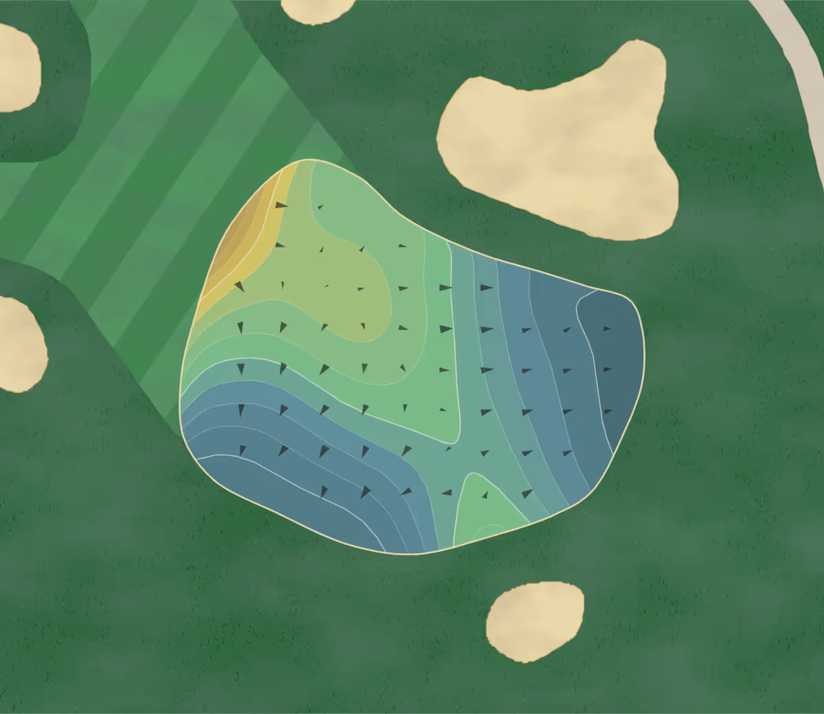 Green contour map of Links Fisher in Fisher Island, Florida — 67 elevation contours at a 3-inch interval with fall-line arrows, traced from 1-meter lidar