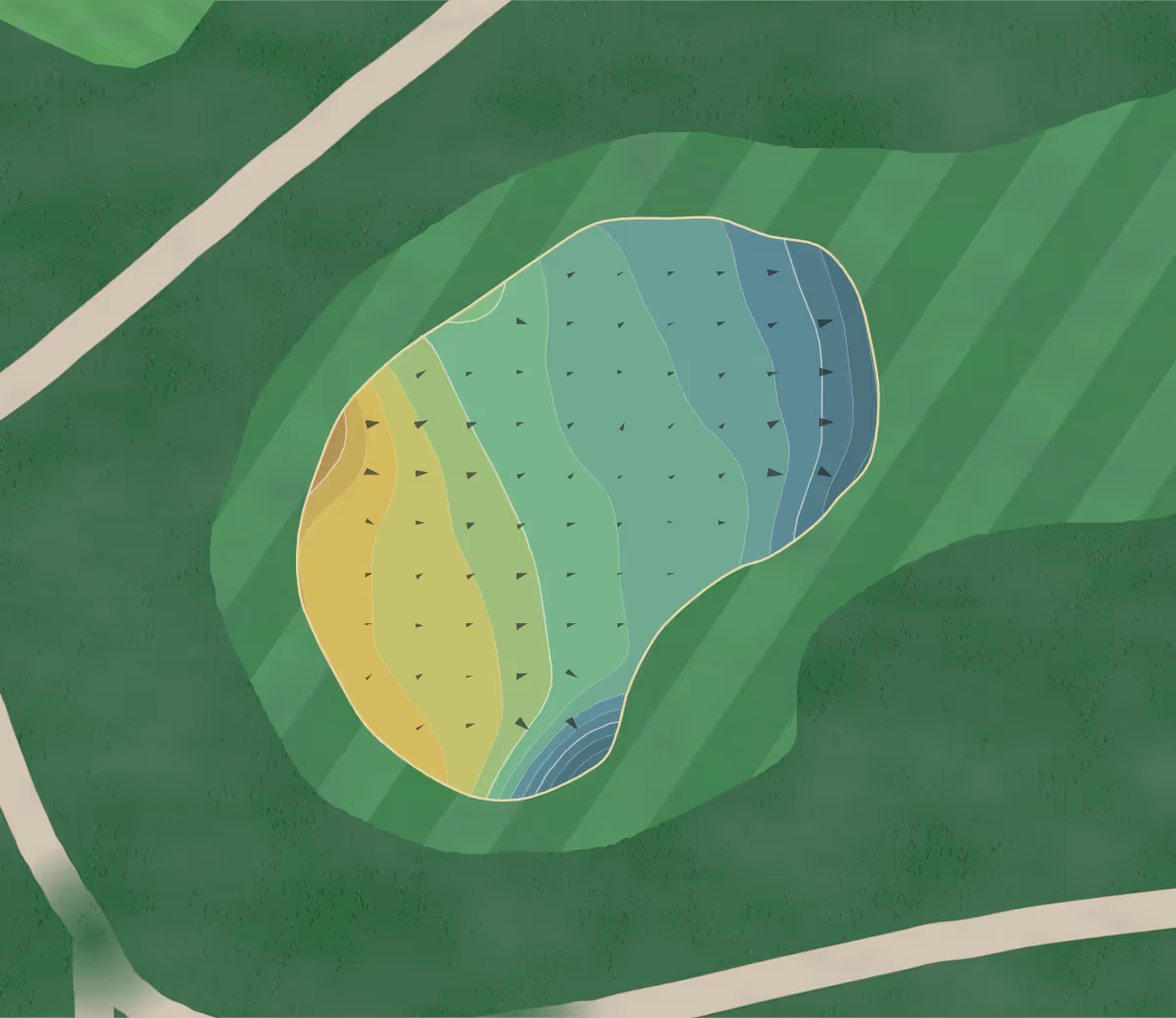 Green contour map of Links Galloway in Memphis, Tennessee — 147 elevation contours at a 3-inch interval with fall-line arrows, traced from 1-meter lidar