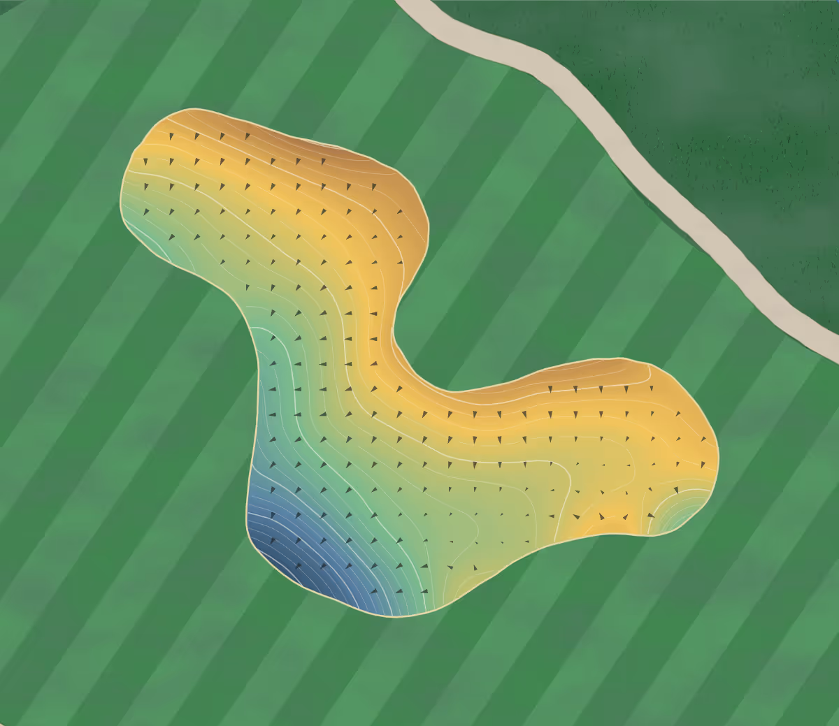 Green contour map of Links Golf Course in Groveland, Florida — 186 elevation contours at a 3-inch interval with fall-line arrows, traced from 1-meter lidar