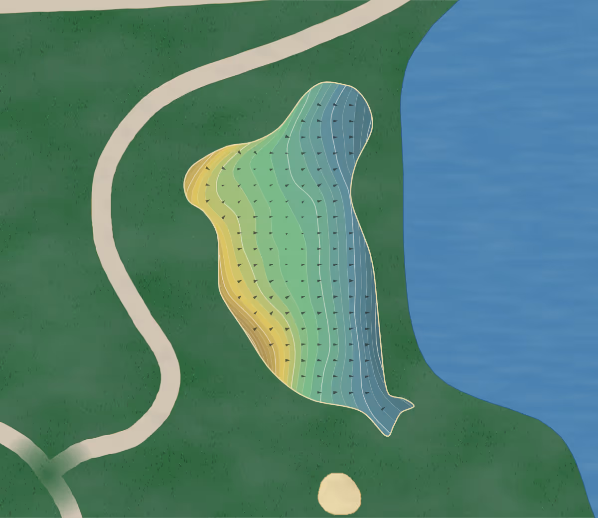 Green contour map of Links Greystone in Walworth, New York — 286 elevation contours at a 3-inch interval with fall-line arrows, traced from 1-meter lidar