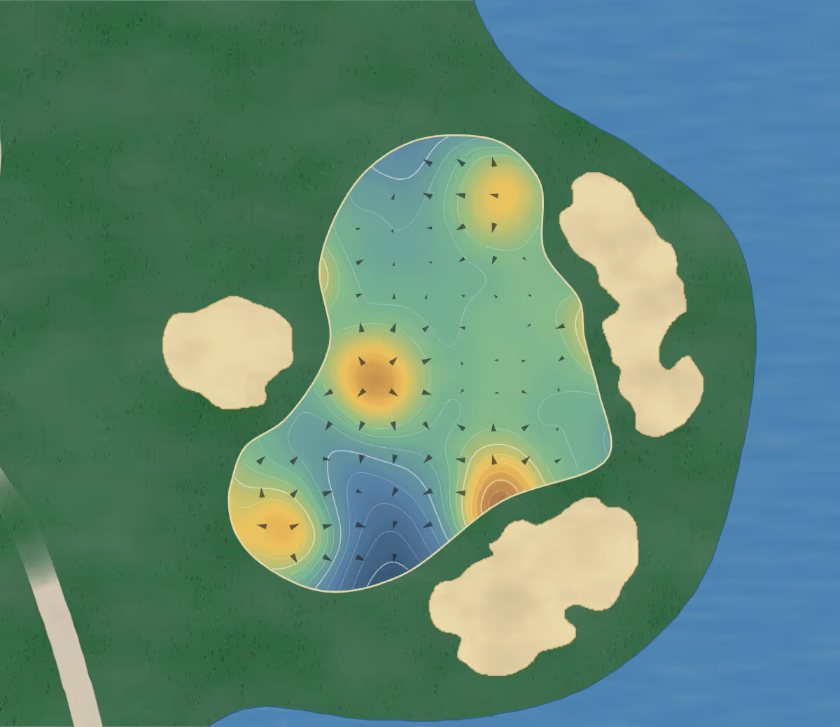 Green contour map of Hope Island in Hope Island, Australia — 171 elevation contours at a 8-centimeter interval with fall-line arrows, traced from 1-meter lidar