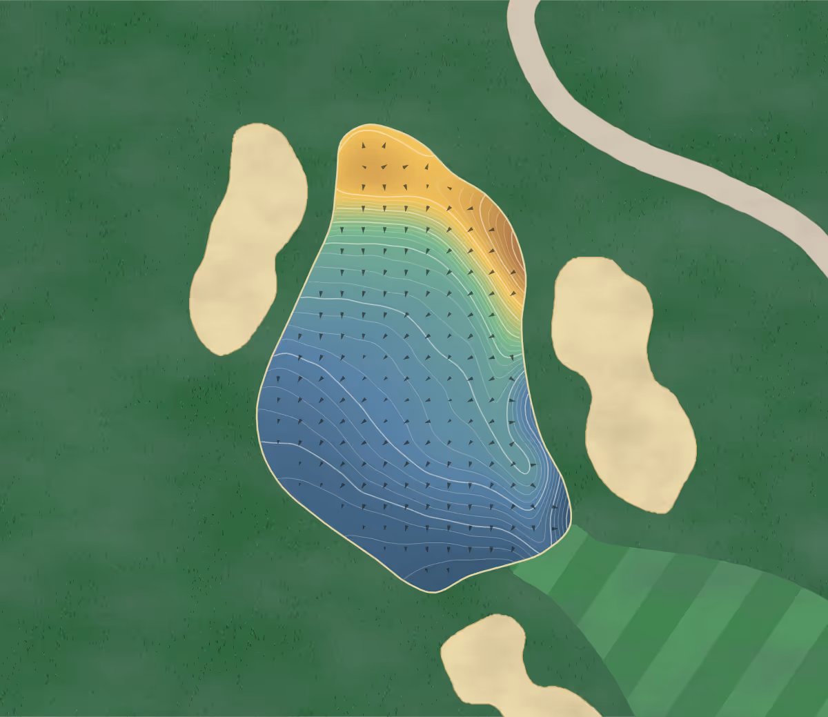 Green contour map of GlenEagles in Cochrane, Canada: 336 elevation contours at a 8-centimeter interval with fall-line arrows, traced from 1-meter lidar