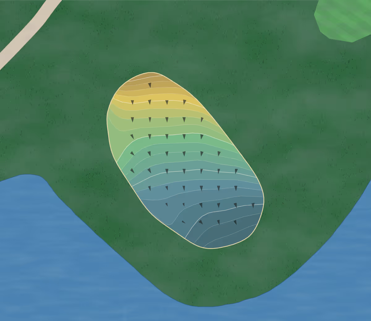 Green contour map of Linrick GC in Columbia, South Carolina — 218 elevation contours at a 3-inch interval with fall-line arrows, traced from 1-meter lidar