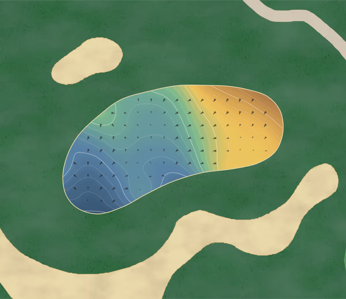 Green contour map of Lionhead in Brampton, Canada: 201 elevation contours at a 8-centimeter interval with fall-line arrows, traced from 1-meter lidar