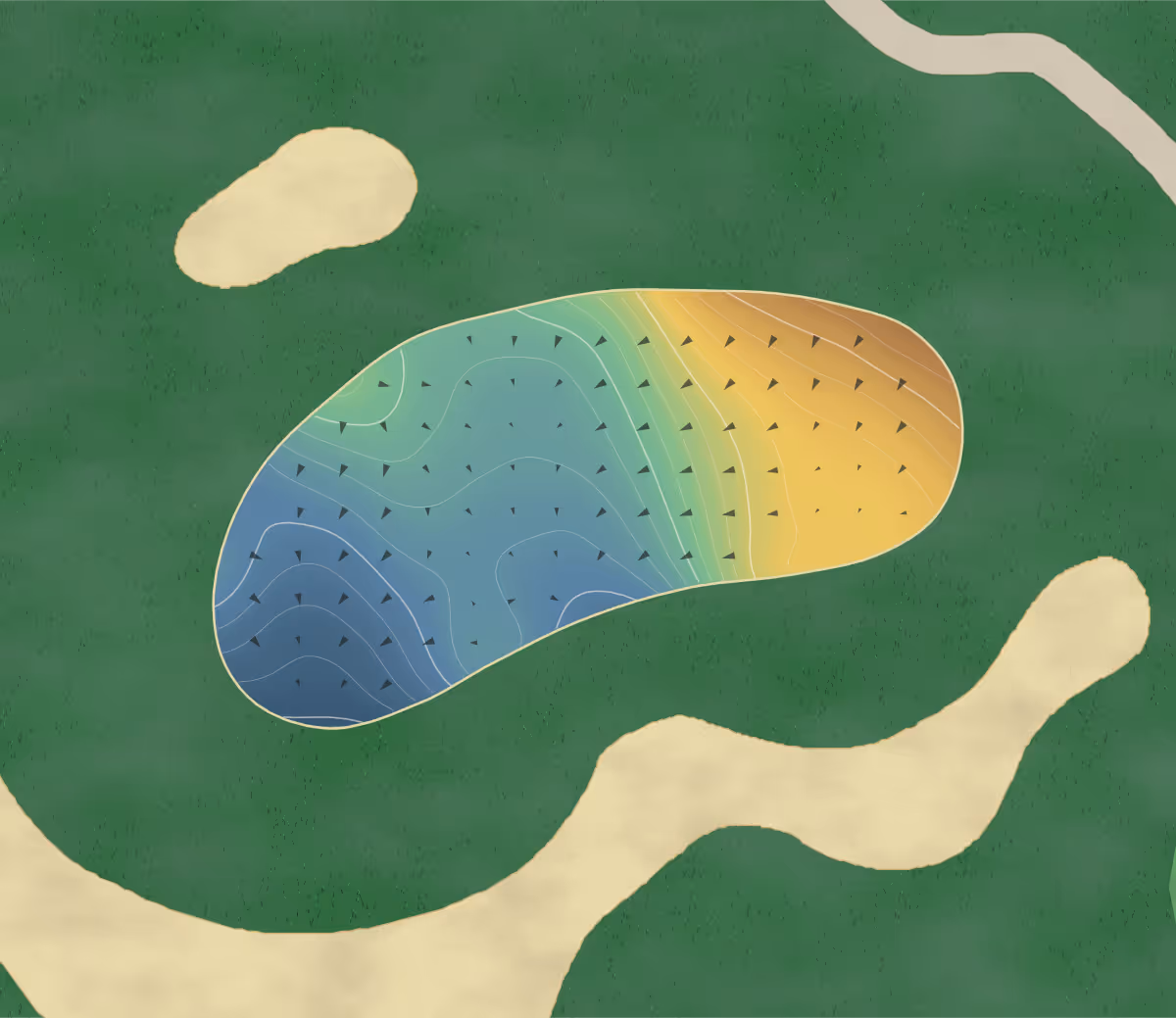 Green contour map of Lionhead - Legends in Brampton, Canada — 199 elevation contours at a 8-centimeter interval with fall-line arrows, traced from 1-meter lidar