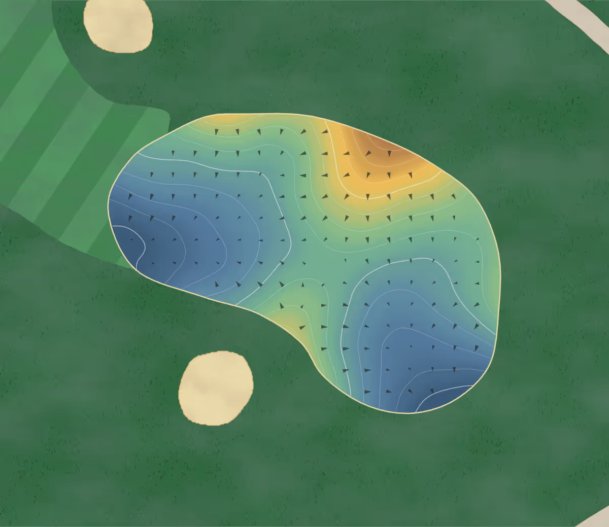 Green contour map of Lionhead in Brampton, Canada: 190 elevation contours at a 8-centimeter interval with fall-line arrows, traced from 1-meter lidar
