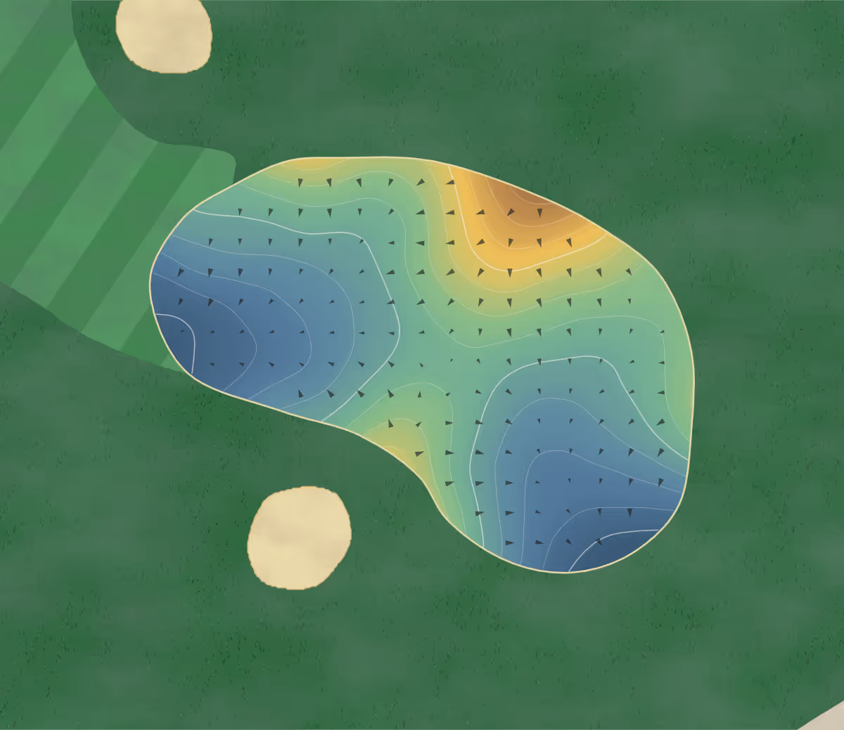 Green contour map of Lionhead - Masters in Brampton, Canada — 189 elevation contours at a 8-centimeter interval with fall-line arrows, traced from 1-meter lidar