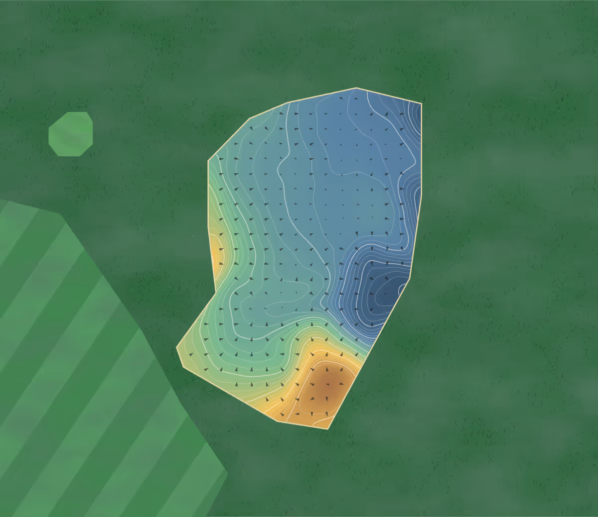 Green contour map of Liphook in Liphook, England: 220 elevation contours at a 8-centimeter interval with fall-line arrows, traced from 1-meter lidar